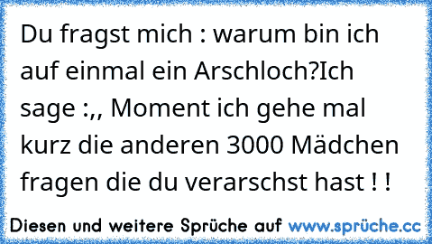 Du fragst mich : warum bin ich auf einmal ein Arschloch?
Ich sage :,, Moment ich gehe mal kurz die anderen 3000 Mädchen fragen die du verarschst hast ! !