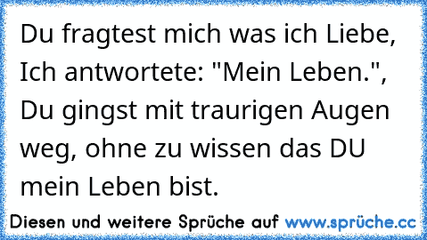 Du fragtest mich was ich Liebe, Ich antwortete: "Mein Leben.", Du gingst mit traurigen Augen weg, ohne zu wissen das DU mein Leben bist.