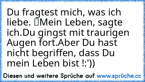 Du fragtest mich, was ich liebe. “Mein Leben”, sagte ich.
Du gingst mit traurigen Augen fort.
Aber Du hast nicht begriffen, dass Du mein Leben bist !
:')) ♥