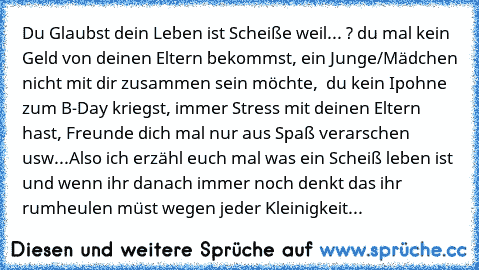 Du Glaubst dein Leben ist Scheiße weil... ?
 du mal kein Geld von deinen Eltern bekommst, ein Junge/Mädchen nicht mit dir zusammen sein möchte,  du kein Ipohne zum B-Day kriegst, immer Stress mit deinen Eltern hast, Freunde dich mal nur aus Spaß verarschen usw...
Also ich erzähl euch mal was ein Scheiß leben ist und wenn ihr danach immer noch denkt das ihr rumheulen müst wegen jeder Kleinigkeit...