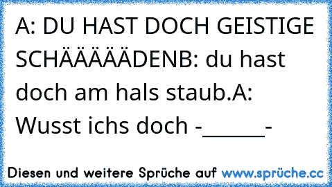 A: DU HAST DOCH GEISTIGE SCHÄÄÄÄÄDEN
B: du hast doch am hals staub.
A: Wusst ichs doch -______-