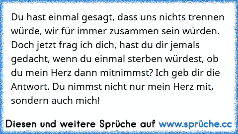 Du hast einmal gesagt, dass uns nichts trennen würde, wir für immer zusammen sein würden. Doch jetzt frag ich dich, hast du dir jemals gedacht, wenn du einmal sterben würdest, ob du mein Herz dann mitnimmst? Ich geb dir die Antwort. Du nimmst nicht nur mein Herz mit, sondern auch mich! 