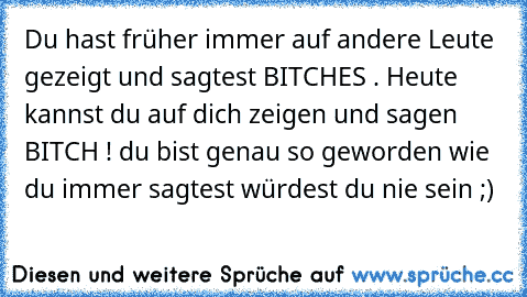 Du hast früher immer auf andere Leute gezeigt und sagtest BITCHES . Heute kannst du auf dich zeigen und sagen BITCH ! du bist genau so geworden wie du immer sagtest würdest du nie sein ;)