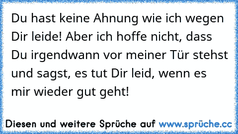 Du hast keine Ahnung wie ich wegen Dir leide! Aber ich hoffe nicht, dass Du irgendwann vor meiner Tür stehst und sagst, es tut Dir leid, wenn es mir wieder gut geht!