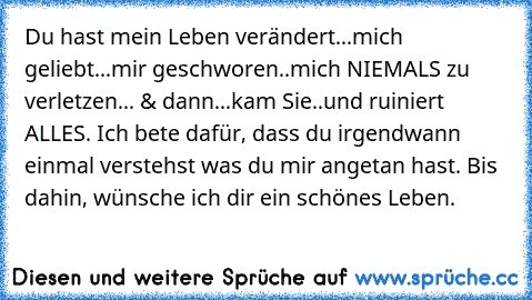 Du hast mein Leben verändert...mich geliebt...mir geschworen..mich NIEMALS zu verletzen... & dann...kam Sie..und ruiniert ALLES. Ich bete dafür, dass du irgendwann einmal verstehst was du mir angetan hast. Bis dahin, wünsche ich dir ein schönes Leben.