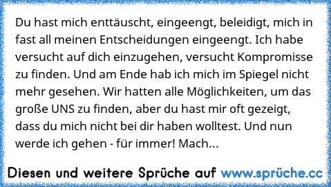 Du hast mich enttäuscht, eingeengt, beleidigt, mich in fast all meinen Entscheidungen eingeengt. Ich habe versucht auf dich einzugehen, versucht Kompromisse zu finden. Und am Ende hab ich mich im Spiegel nicht mehr gesehen. Wir hatten alle Möglichkeiten, um das große UNS zu finden, aber du hast mir oft gezeigt, dass du mich nicht bei dir haben wolltest. Und nun werde ich gehen - für immer! Mach...