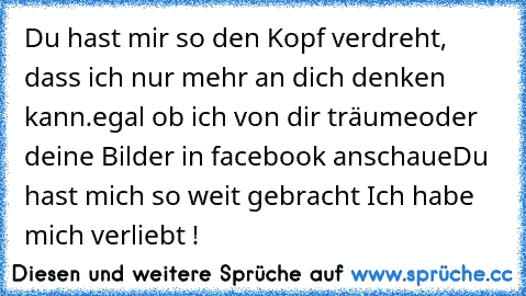 Du hast mir so den Kopf verdreht, dass ich nur mehr an dich denken kann.
egal ob ich von dir träume
oder deine Bilder in facebook anschaue
Du hast mich so weit gebracht ♥
Ich habe mich verliebt !