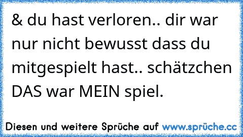 & du hast verloren.. dir war nur nicht bewusst dass du mitgespielt hast.. schätzchen DAS war MEIN spiel.