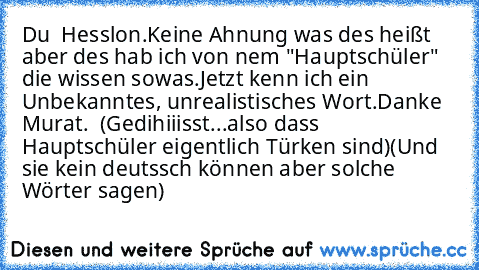 Du  Hesslon.
Keine Ahnung was des heißt aber des hab ich von nem "Hauptschüler" die wissen sowas.
Jetzt kenn ich ein Unbekanntes, unrealistisches Wort.
Danke Murat.  
(Gedihiiisst...also dass Hauptschüler eigentlich Türken sind)
(Und sie kein deutssch können aber solche Wörter sagen)