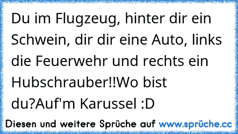 Du im Flugzeug, hinter dir ein Schwein, dir dir eine Auto, links die Feuerwehr und rechts ein Hubschrauber!!
Wo bist du?
Auf'm Karussel :D