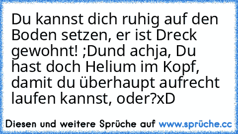 Du kannst dich ruhig auf den Boden setzen, er ist Dreck gewohnt! ;D
und achja, Du hast doch Helium im Kopf, damit du überhaupt aufrecht laufen kannst, oder?
xD