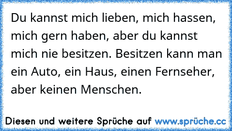 Du kannst mich lieben, mich hassen, mich gern haben, aber du kannst mich nie besitzen. Besitzen kann man ein Auto, ein Haus, einen Fernseher, aber keinen Menschen.