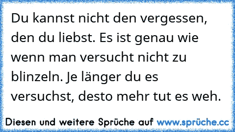 Du kannst nicht den vergessen, den du liebst. Es ist genau wie wenn man versucht nicht zu blinzeln. Je länger du es versuchst, desto mehr tut es weh.