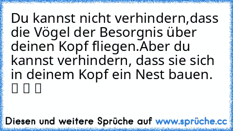 Du kannst nicht verhindern,dass die Vögel der Besorgnis über deinen Kopf fliegen.Aber du kannst verhindern, dass sie sich in deinem Kopf ein Nest bauen. ツ ツ ツ