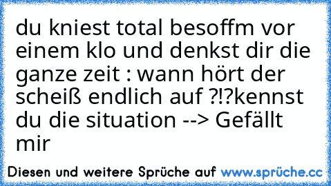 du kniest total besoffm vor einem klo und denkst dir die ganze zeit : wann hört der scheiß endlich auf ?!?
kennst du die situation --> Gefällt mir