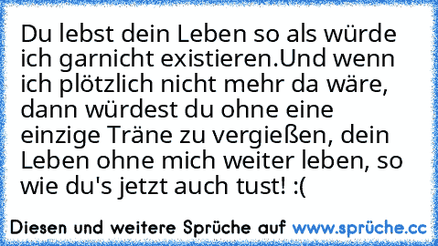 Du lebst dein Leben so als würde ich garnicht existieren.
Und wenn ich plötzlich nicht mehr da wäre, dann würdest du ohne eine einzige Träne zu vergießen, dein Leben ohne mich weiter leben, so wie du's jetzt auch tust! :(