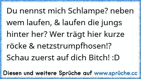 Du nennst mich Schlampe? neben wem laufen, & laufen die jungs hinter her? Wer trägt hier kurze röcke & netzstrumpfhosen!? Schau zuerst auf dich Bitch! :D