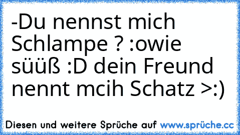 -Du nennst mich Schlampe ? :o
wie süüß :D dein Freund nennt mcih Schatz >:)