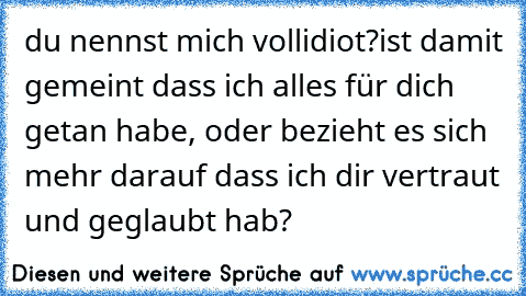 du nennst mich vollidiot?
ist damit gemeint dass ich alles für dich getan habe, oder bezieht es sich mehr darauf dass ich dir vertraut und geglaubt hab?