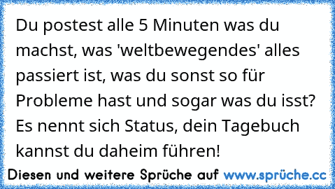 Du postest alle 5 Minuten was du machst, was 'weltbewegendes' alles passiert ist, was du sonst so für Probleme hast und sogar was du isst? Es nennt sich Status, dein Tagebuch kannst du daheim führen!