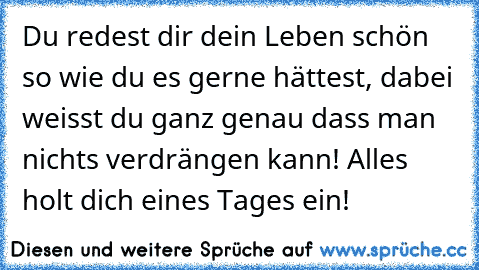 Du redest dir dein Leben schön so wie du es gerne hättest, dabei weisst du ganz genau dass man nichts verdrängen kann! Alles holt dich eines Tages ein!