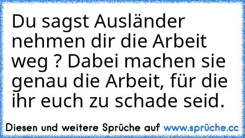 Du sagst Ausländer nehmen dir die Arbeit weg ? Dabei machen sie genau die Arbeit, für die ihr euch zu schade seid.