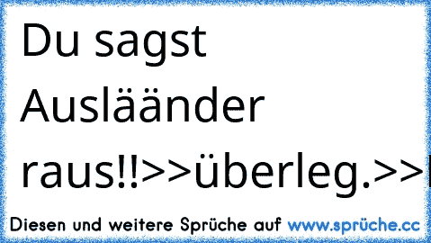 Du sagst Ausläänder raus!!>>überleg.>>
Dürüm>>Türkich
Urlaub>>Kroatisch
Piizzaa>>Itallienisch
Kaffee>>Brasilianisch
Filme>>Amerikanisch
Wodka>>Russiisch
Auto>>Japanisch
Demokatrie>>Grichisch
.....