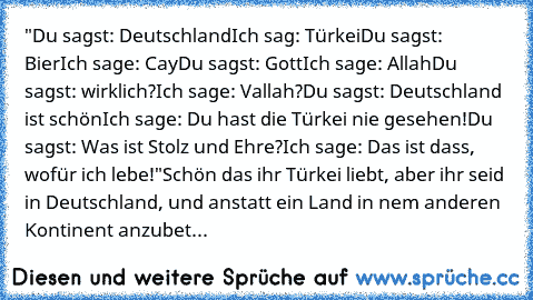 "Du sagst: Deutschland
Ich sag: Türkei
Du sagst: Bier
Ich sage: Cay
Du sagst: Gott
Ich sage: Allah
Du sagst: wirklich?
Ich sage: Vallah?
Du sagst: Deutschland ist schön
Ich sage: Du hast die Türkei nie gesehen!
Du sagst: Was ist Stolz und Ehre?
Ich sage: Das ist dass, wofür ich lebe!"
Schön das ihr Türkei liebt, aber ihr seid in Deutschland, und anstatt ein Land in nem anderen Kontinent anzubet...