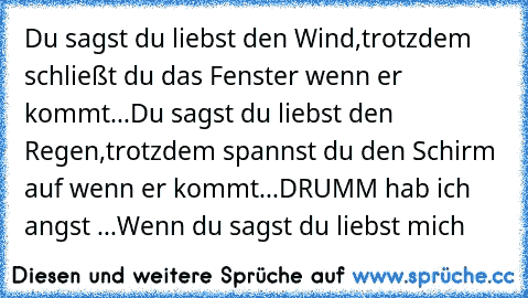 Du sagst du liebst den Wind,
trotzdem schließt du das Fenster wenn er kommt...
Du sagst du liebst den Regen,
trotzdem spannst du den Schirm auf wenn er kommt...
DRUMM hab ich angst ...
Wenn du sagst du liebst mich ♥♥♥