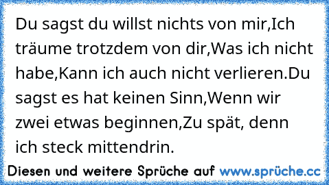 Du sagst du willst nichts von mir,
Ich träume trotzdem von dir,
Was ich nicht habe,
Kann ich auch nicht verlieren.
Du sagst es hat keinen Sinn,
Wenn wir zwei etwas beginnen,
Zu spät, denn ich steck mittendrin.