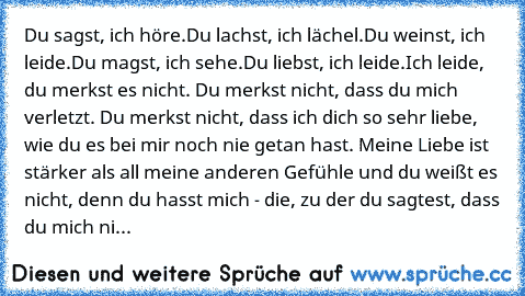 Du sagst, ich höre.
Du lachst, ich lächel.
Du weinst, ich leide.
Du magst, ich sehe.
Du liebst, ich leide.
Ich leide, du merkst es nicht. Du merkst nicht, dass du mich verletzt. Du merkst nicht, dass ich dich so sehr liebe, wie du es bei mir noch nie getan hast. Meine Liebe ist stärker als all meine anderen Gefühle und du weißt es nicht, denn du hasst mich - die, zu der du sagtest, dass du mich...