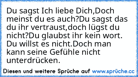 Du sagst Ich liebe Dich,Doch meinst du es auch?
Du sagst das du ihr vertraust,doch lügst du nicht?
Du glaubst ihr kein wort. Du willst es nicht.
Doch man kann seine Gefühle nicht unterdrücken.