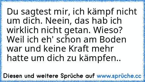 Du sagtest mir, ich kämpf nicht um dich. Neein, das hab ich wirklich nicht getan. Wieso? Weil ich eh' schon am Boden war und keine Kraft mehr hatte um dich zu kämpfen..