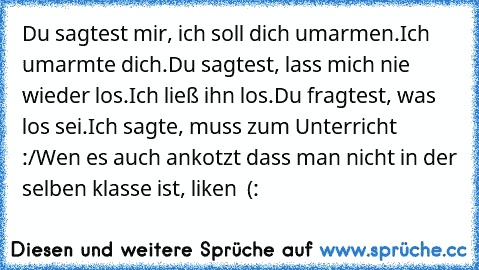 Du sagtest mir, ich soll dich umarmen.
Ich umarmte dich.
Du sagtest, lass mich nie wieder los.
Ich ließ ihn los.
Du fragtest, was los sei.
Ich sagte, muss zum Unterricht :/
Wen es auch ankotzt dass man nicht in der selben klasse ist, liken ♥ (: