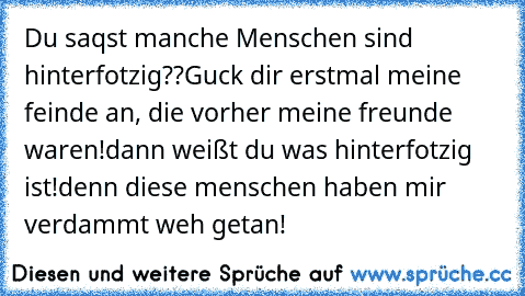 Du saqst manche Menschen sind hinterfotzig??
Guck dir erstmal meine feinde an, die vorher meine freunde waren!
dann weißt du was hinterfotzig ist!
denn diese menschen haben mir verdammt weh getan!