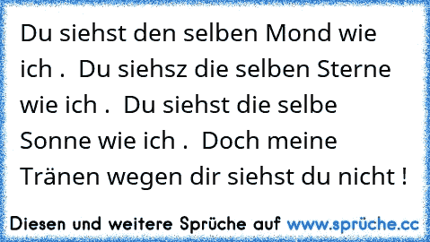 Du siehst den selben Mond wie ich .  Du siehsz die selben Sterne wie ich .  Du siehst die selbe Sonne wie ich .  Doch meine Tränen wegen dir siehst du nicht !