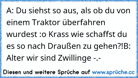 A: Du siehst so aus, als ob du von einem Traktor überfahren wurdest :o Krass wie schaffst du es so nach Draußen zu gehen?!
B: Alter wir sind Zwillinge -.-