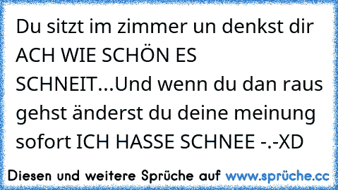 Du sitzt im zimmer un denkst dir ACH WIE SCHÖN ES SCHNEIT...
Und wenn du dan raus gehst änderst du deine meinung sofort ICH HASSE SCHNEE -.-
XD