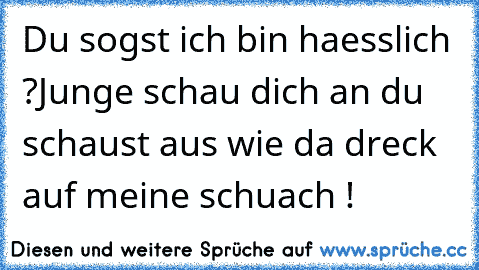 Du sogst ich bin haesslich ?
Junge schau dich an du schaust aus wie da dreck auf meine schuach !