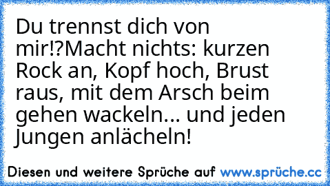 Du trennst dich von mir!?
Macht nichts: kurzen Rock an, Kopf hoch, Brust raus, mit dem Arsch beim gehen wackeln... und jeden Jungen anlächeln!