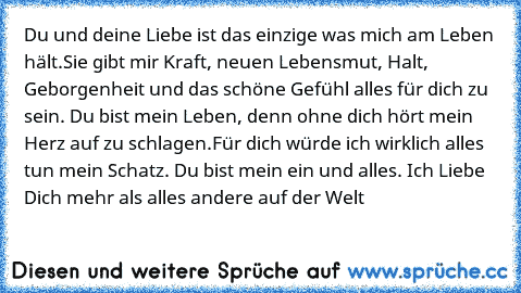 Du und deine Liebe ist das einzige was mich am Leben hält.
Sie gibt mir Kraft, neuen Lebensmut, Halt, Geborgenheit und das schöne Gefühl alles für dich zu sein. Du bist mein Leben, denn ohne dich hört mein Herz auf zu schlagen.
Für dich würde ich wirklich alles tun mein Schatz. Du bist mein ein und alles.
♥ Ich Liebe Dich mehr als alles andere auf der Welt ♥