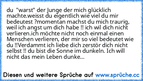 du  "warst" der Junge der mich glücklich machte.
weisst du eigentlich wie viel du mir bedeutest ?
momentan machst du mich traurig, weil ich angst um dich habe !! ich wil dich nicht verlieren.
ich möchte nicht noch einmal einen Menschen verlieren, der mir so viel bedeutet wie du !!
Verdammt ich liebe dich zerstör dich nicht selbst !! du bist die Sonne im dunkeln. Ich will nicht das mein Leben du...