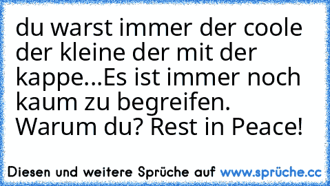 du warst immer der coole der kleine der mit der kappe...Es ist immer noch kaum zu begreifen. Warum du? Rest in Peace!