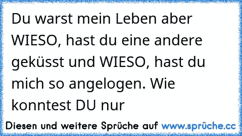 Du warst mein Leben aber WIESO, hast du eine andere geküsst und WIESO, hast du mich so angelogen. Wie konntest DU nur