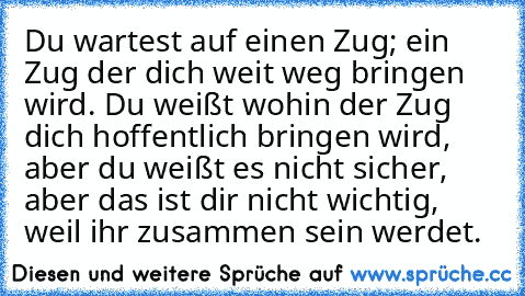 Du wartest auf einen Zug; ein Zug der dich weit weg bringen wird. Du weißt wohin der Zug dich hoffentlich bringen wird, aber du weißt es nicht sicher, aber das ist dir nicht wichtig, weil ihr zusammen sein werdet.