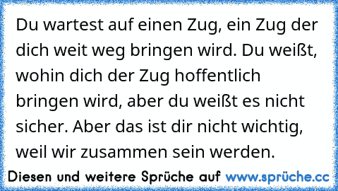 Du wartest auf einen Zug, ein Zug der dich weit weg bringen wird. Du weißt, wohin dich der Zug hoffentlich bringen wird, aber du weißt es nicht sicher. Aber das ist dir nicht wichtig, weil wir zusammen sein werden.