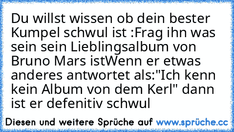 Du willst wissen ob dein bester Kumpel schwul ist :
Frag ihn was sein sein Lieblingsalbum von Bruno Mars ist
Wenn er etwas anderes antwortet als:"Ich kenn kein Album von dem Kerl" dann ist er defenitiv schwul