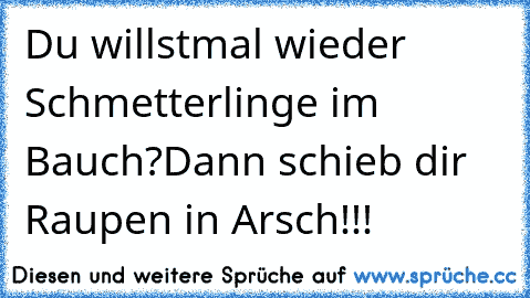 Du willstmal wieder Schmetterlinge im Bauch?
Dann schieb dir Raupen in Arsch!!!