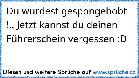 Du wurdest gespongebobt !
.. Jetzt kannst du deinen Führerschein vergessen :D