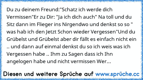 Du zu deinem Freund:"Schatz ich werde dich Vermissen"
Er zu Dir: "Ja ich dich auch" 
Na toll und du Sitz dann im Flieger ins Nirgendwo und denkst so so " was hab ich den Jetzt Schon wieder Vergessen"
Und du Grübelst und Grübelst aber dir fällt es einfach nicht ein .. und dann auf einmal denkst du so ich weis was ich Vergessen habe .. Ihm zu Sagen dass ich Ihn angelogen habe und nicht vermissen ...